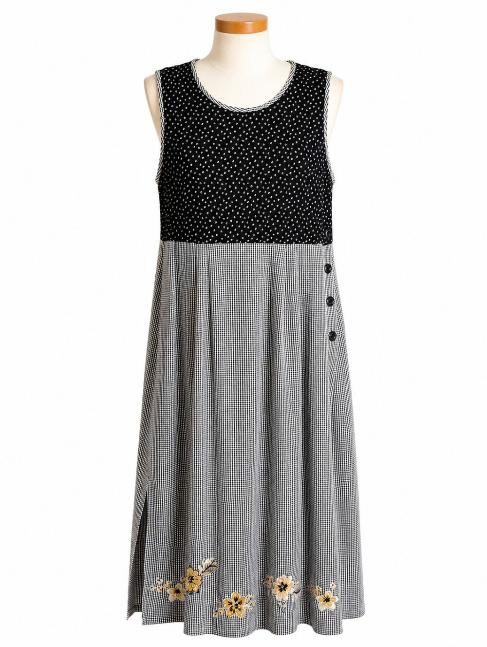 Napa Valley Vintage 90's Embroidered Hem Black Gingham Sleeveless Maxi Dress L